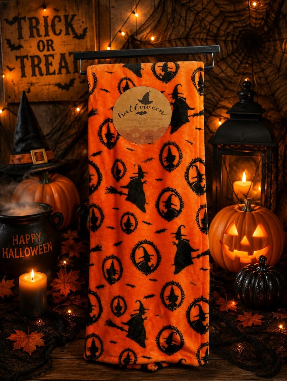 Halloween Witch Throw Blanket Bright Orange And Black Spooky Cozy Fall New